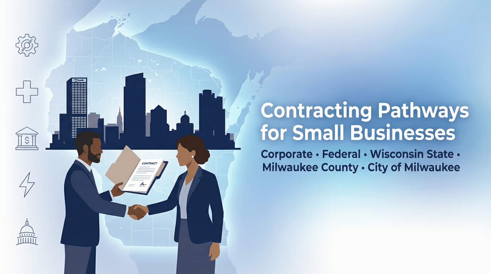 Contracting Pathways hero banner showing Wisconsin outline, Milwaukee skyline, and business handshake